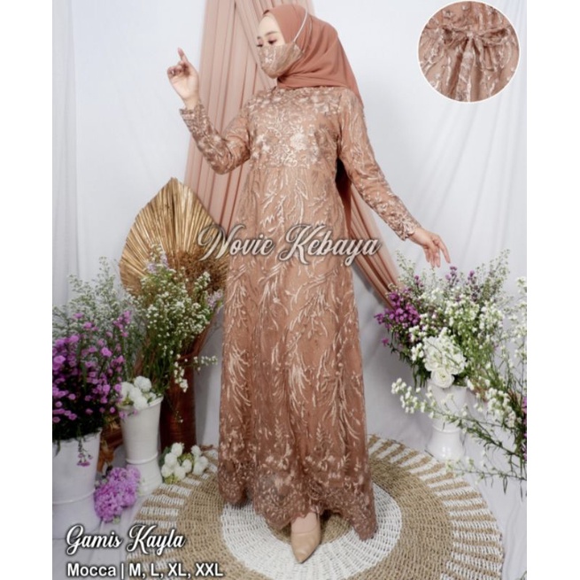 Gamis modern brokat tulle qiana / gamis pesta / kebaya modern