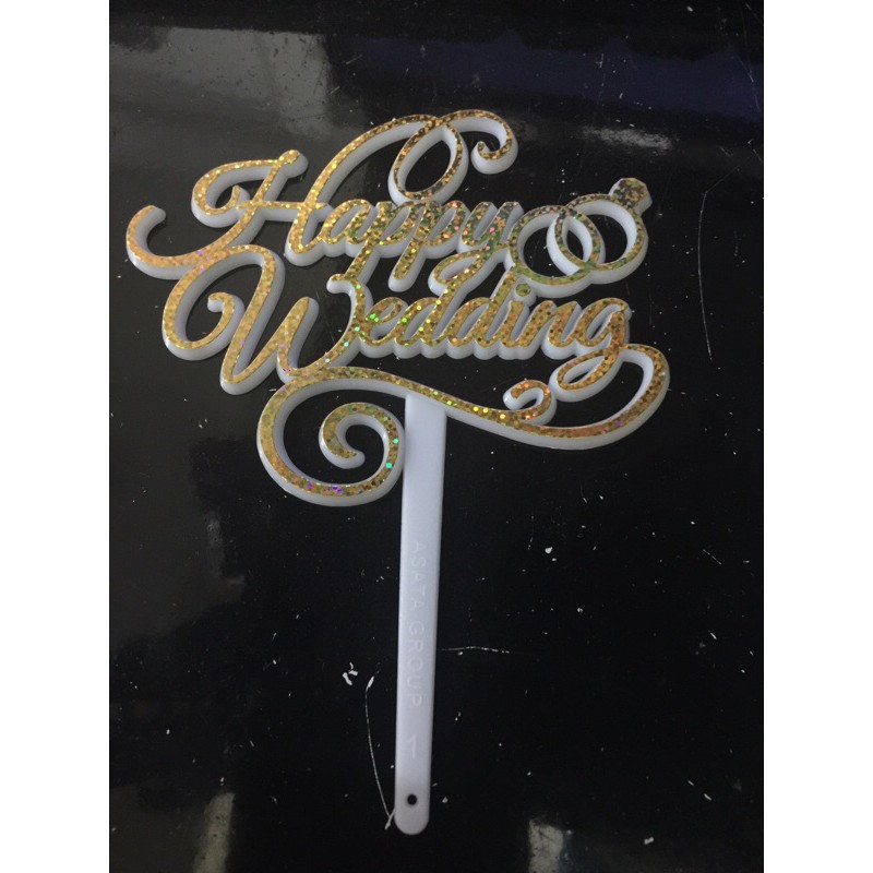 Topping Kue tulisan Happy Wedding Emas Gold Hiasan Cake