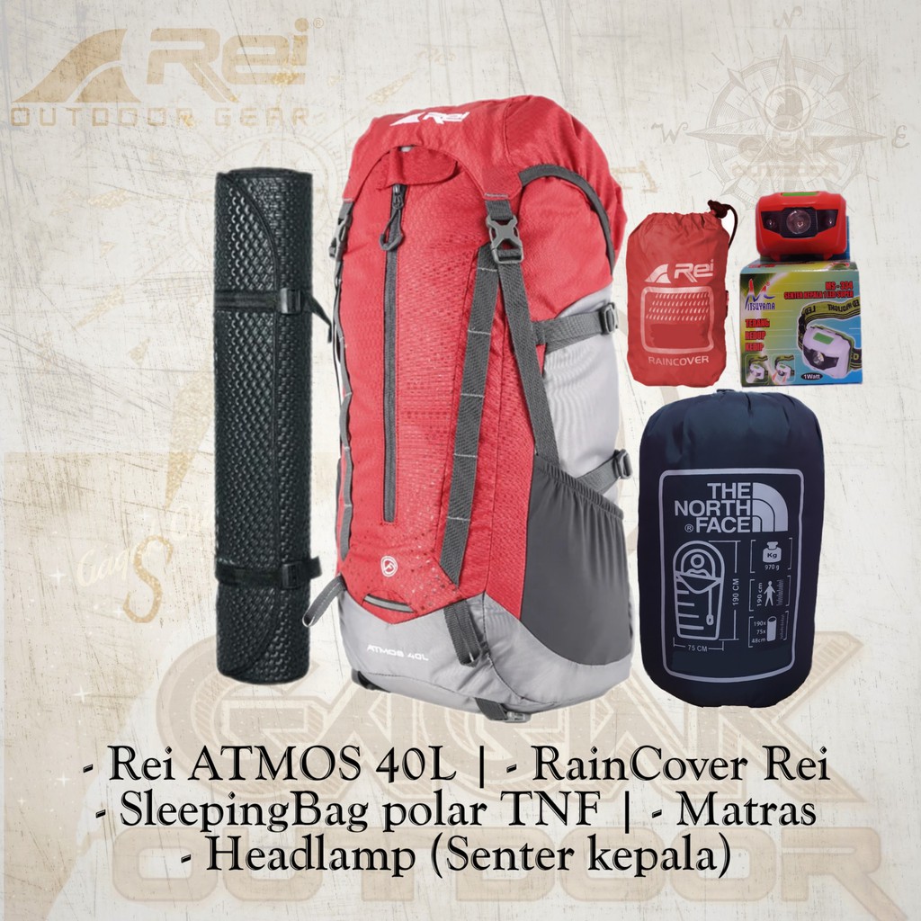 Paket Hemat Alat Pendakian Gunung Carrier Rei Atmos 40l Raincover Bag Rei Matras Sleeping Bag Shopee Indonesia