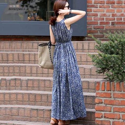 Long Dress Maxi Wanita Boho Tanpa Lengan Motif Bunga Untuk Pesta Dp6989