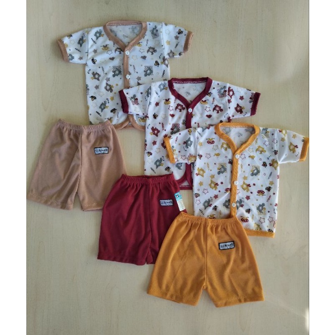 paket hemat baju/celana bayi putih motif arsel kombinasi WARNA TUA isi 9 setel(18 pcs)