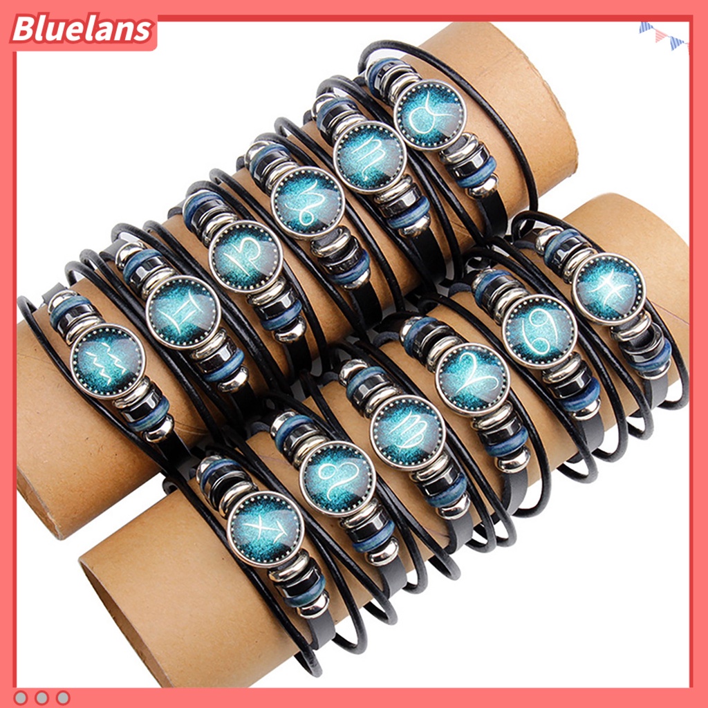 Bluelans Gelang Kulit Multilayer Hias Manik-Manik 12 Rasi Bintang Gaya Retro Untuk Unisex