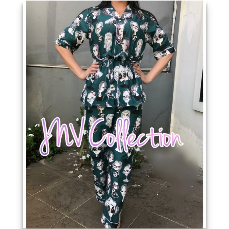 JNV Setelan Kimono CP Wanita Motif Karakter Kartun - Baju Tidur Kimono Lengan Pendek - Bahan Katun-Retro Army