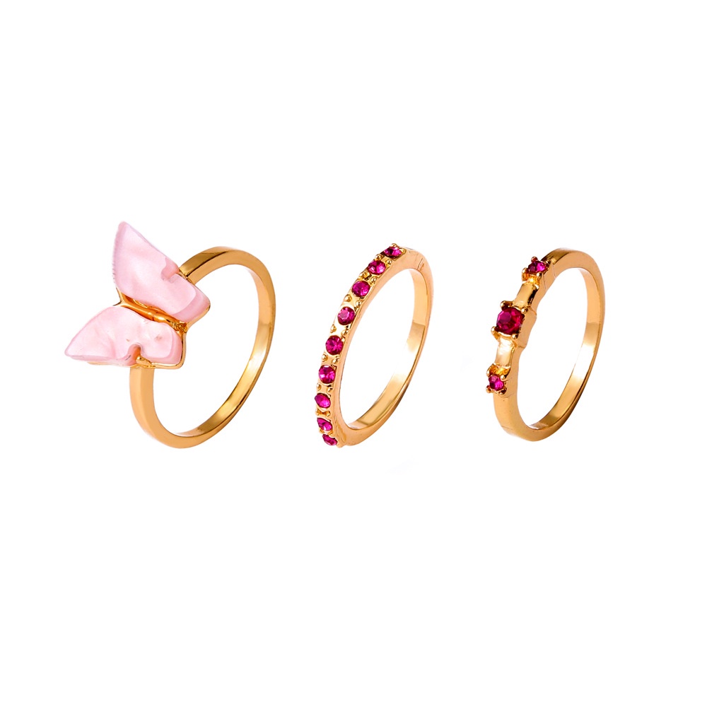 3 Pcs/Cincin Logam Kupu-kupu Pink Romantis Set Cincin Wanita Batu Permata Merah Modis