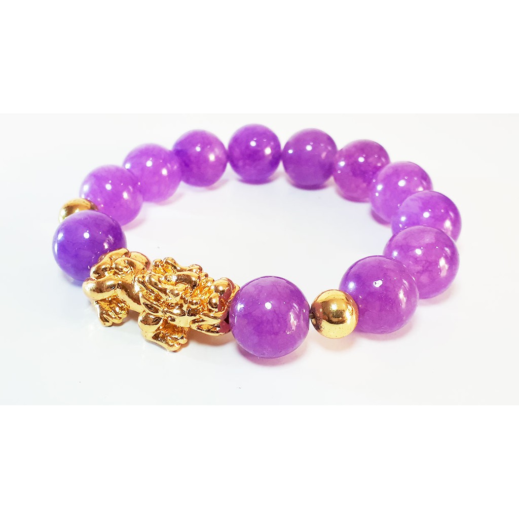 VeE Gelang Pria Wanita Batu Giok  Ungu Muda 13mm Bandul Naga Pixiu - Gelang Terapi Kesehatan