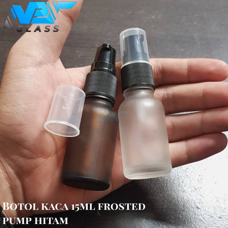 botol kaca 15ml frosted pump hitam / botol kaca 15ml doff pump treatment