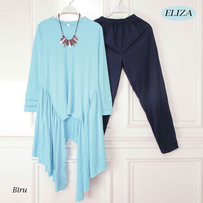 HOT PRODUK-PAKAIAN MUSLIM WANITA-BAJU BUSANA MUSLIM STELAN ELIZA SET BIRU NAVY DRESS CELANA  PASMINA