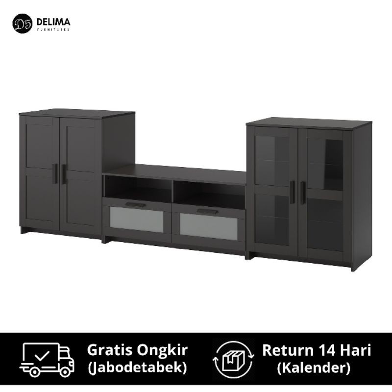Kombinasi Rak Kabinet Meja TV Pintu Kaca, Full Hitam