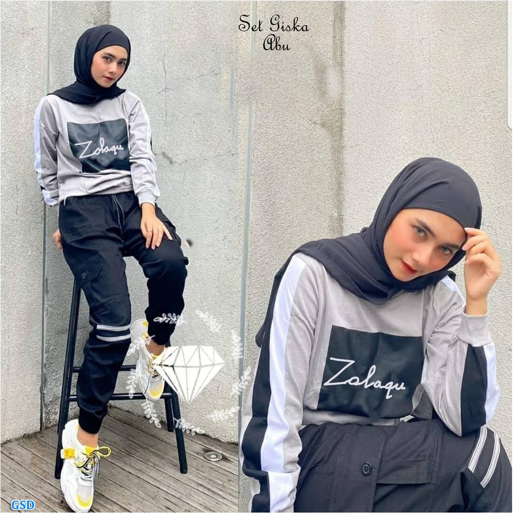 Set Giska/Setelan Training Muslimah Wanita/ Baju Senam Wanita/Setelan Training Kekinian