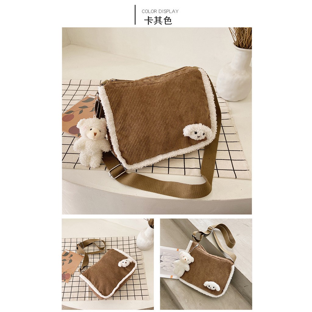 TC-76 tas selempang wanita corduroy bulu cute bear sling bag import korea jepang c