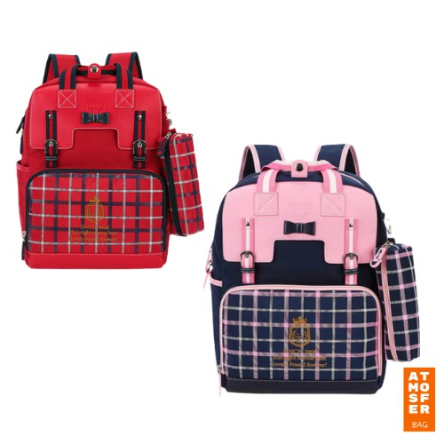 Atmosfer Bags Tas Ransel Sekolah Perempuan Tas Sekolah Wanita Pita Kotak-kotak Tartan