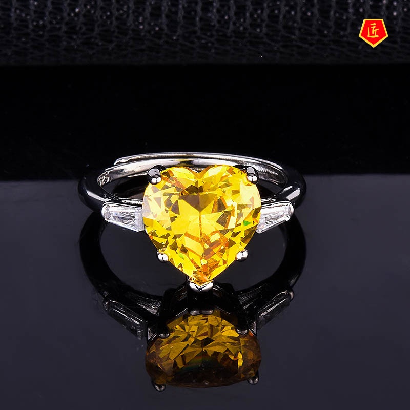 [Ready Stock]Inlaid Heart-Shaped Yellow Diamond Ring Classic Personality