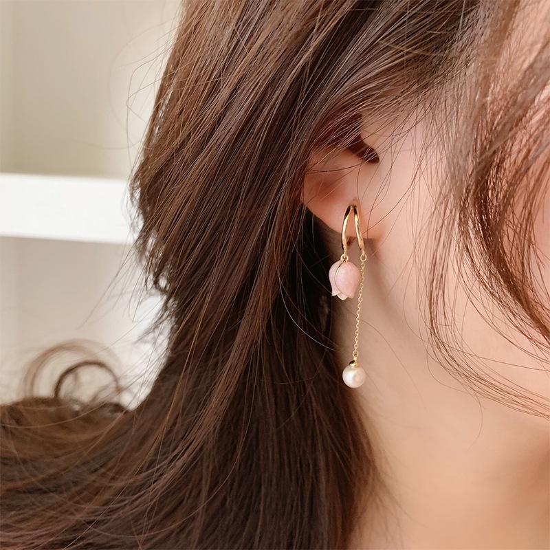 Anting Rumbai Liontin Bunga tulip Warna Pink Aksen Mutiara Untuk Wanita