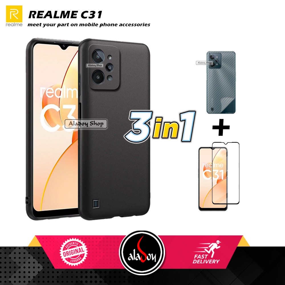 Case Black Matte Realme C31 2022 New Casing + Tempered Glass Full Cover + Skin Carbon 3D Film