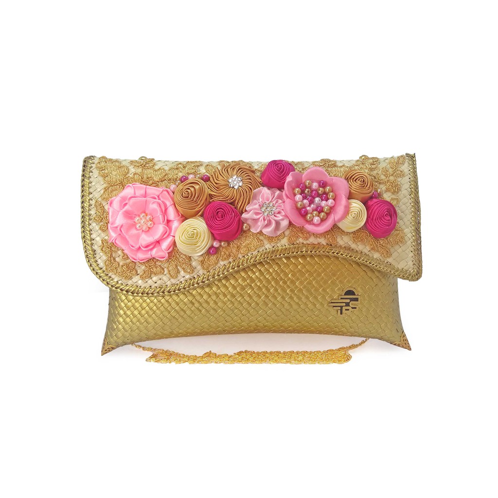 Putra Sukapura Dompet Anyaman Pandan Eksklusif Clutch Pesta Wanita-Gold Pink