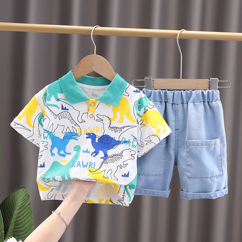 [COD] Setelan pendek anak mtoif DINO RAWR impor korea 0-5 tahun / set pakaian anak baju anak lakilaki /AnanakStore