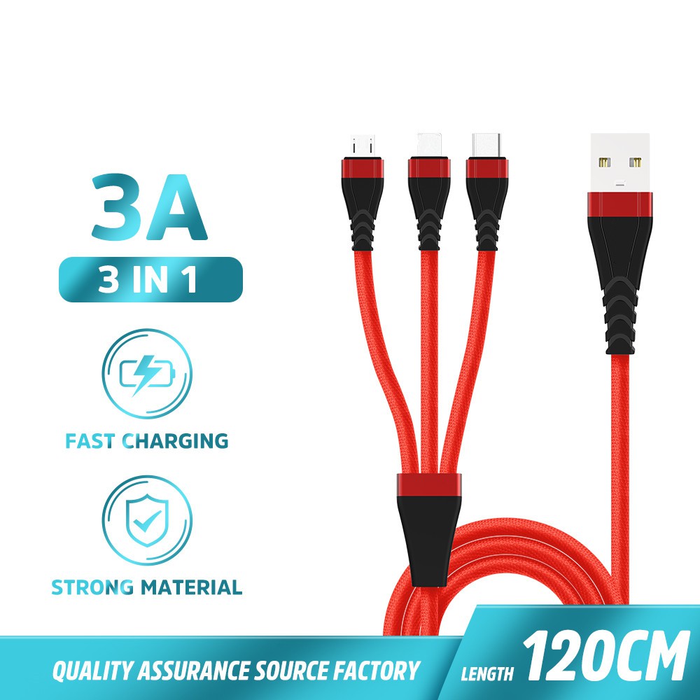 Kabel Data 3 in1 Micro+Lightning+Type-C Telescopic cable iPhone Fast Charging Xiaomi Samsung Vivo-CH063-12MLC RED 3A