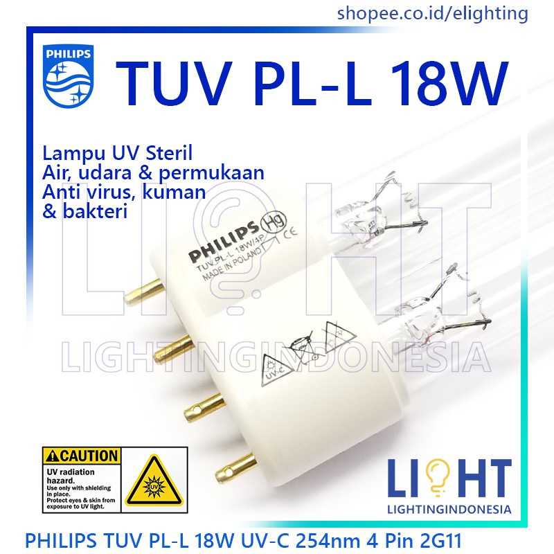 Lampu UVC PHILIPS TUV PL-L 18W 4P Disinfektan Air & Udara PLL UV-C TUV Germicidal 254nm Steril