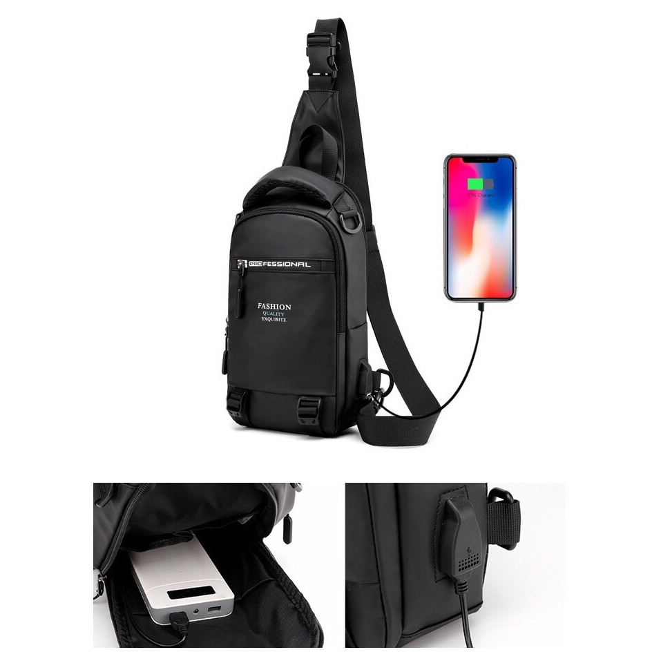 Tas Selempang Bahan Waterproof Multifungsi Tas Pria Slempang Usb 104