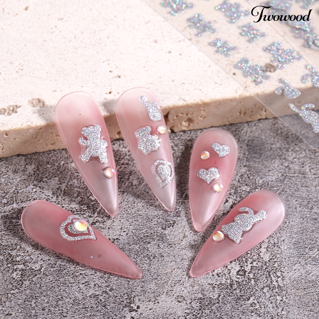 Twowood 5pcs / Set Stiker Kuku 3D Motif Starburst / Love / Beruang Aksen Glitter Untuk Nail Art / Manicure DIY