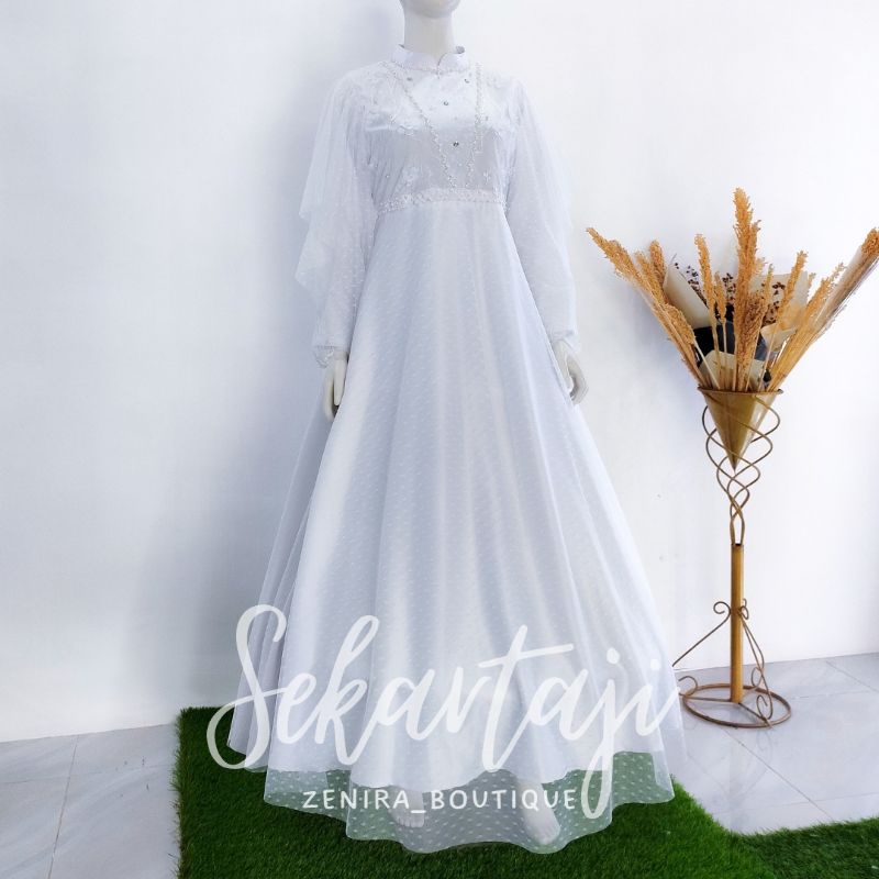 DEWI SEKARTAJI GAUN pesta pengantin syar'i mewah tulle bordir dan tulle dot / baju kondangan / prewedding / lamaran / wisuda / wedding bisa dipesan couple / tersedia ukuran kecil hingga jumbo