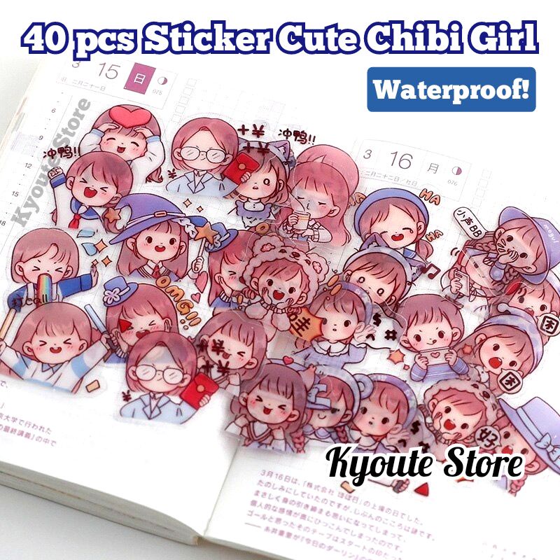 

40 pcs Sticker PVC Cute Chibi Happy Girl Scrapbook DIY Bujo Journal HP Waterproof Seal Decorative