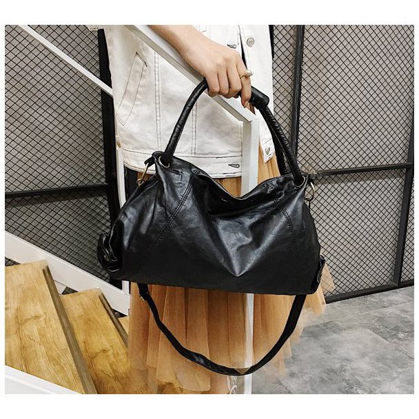 k10127 tas shoulder bag hitam model tabung panjang impor kulit lentur