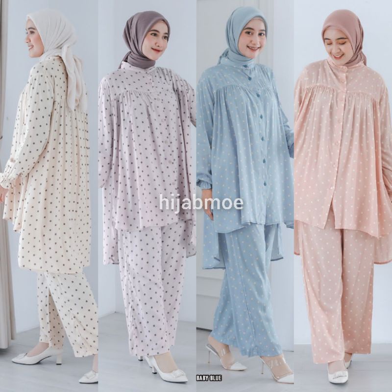 Vente Daily Farel Oneset One Set Rayon Motif Polka / Tunik LD 120 Full Kancing Busui / Setcel Muslim