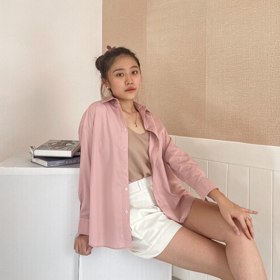 MIA Shirt Kemeja Oversize Korea Premium Kemeja Katun Wanita Lengan Panjang Polos - Big Plaza