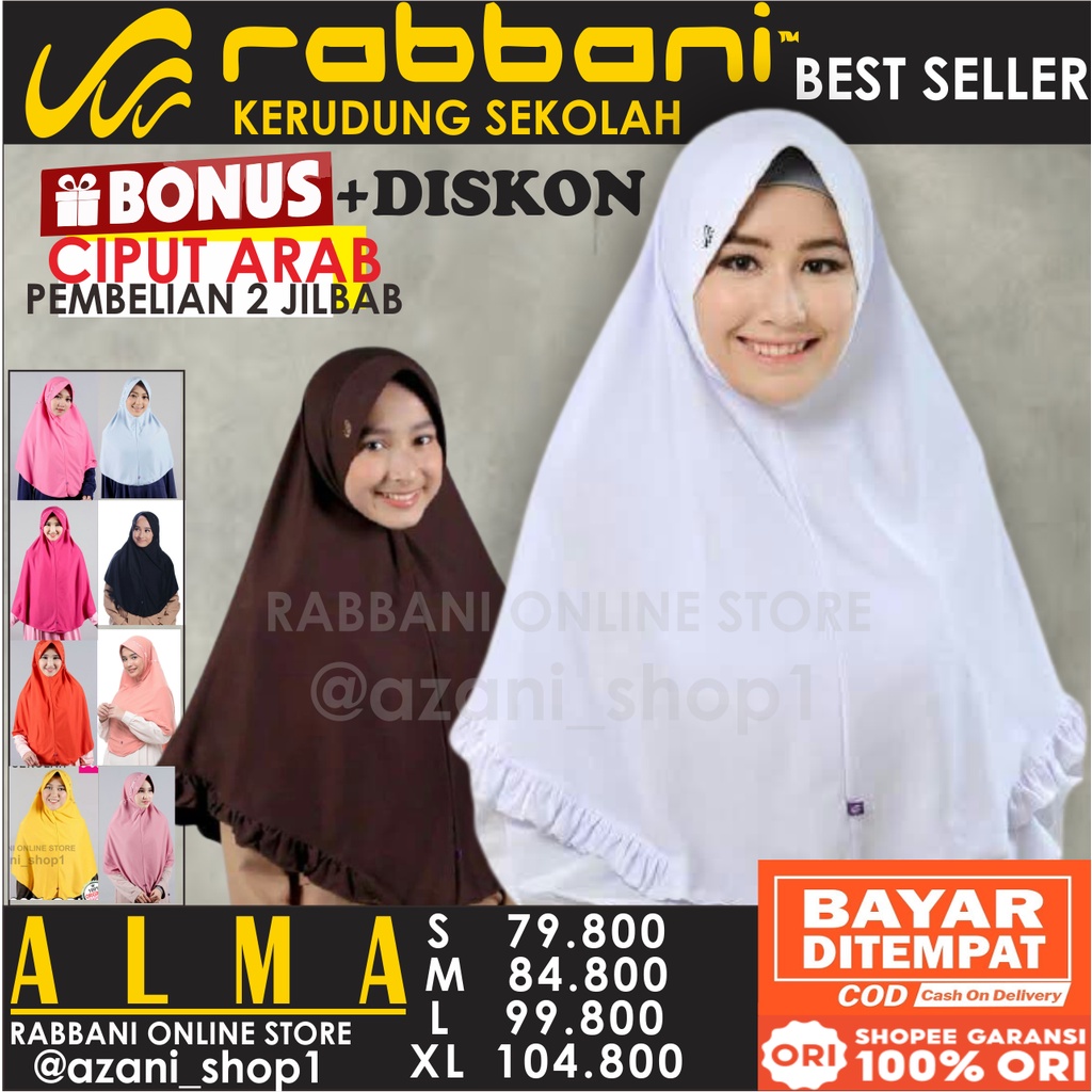 KERUDUNG RABBANI SEKOLAH ALMA ORI | jilbab rabani Asli anak SD SMP SMA uk. S M L XL Terbaru Terlaris