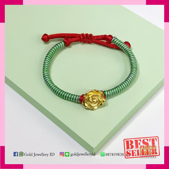 Gelang tali emas hongkong 24k 999 rose mawar tali hijau merah
