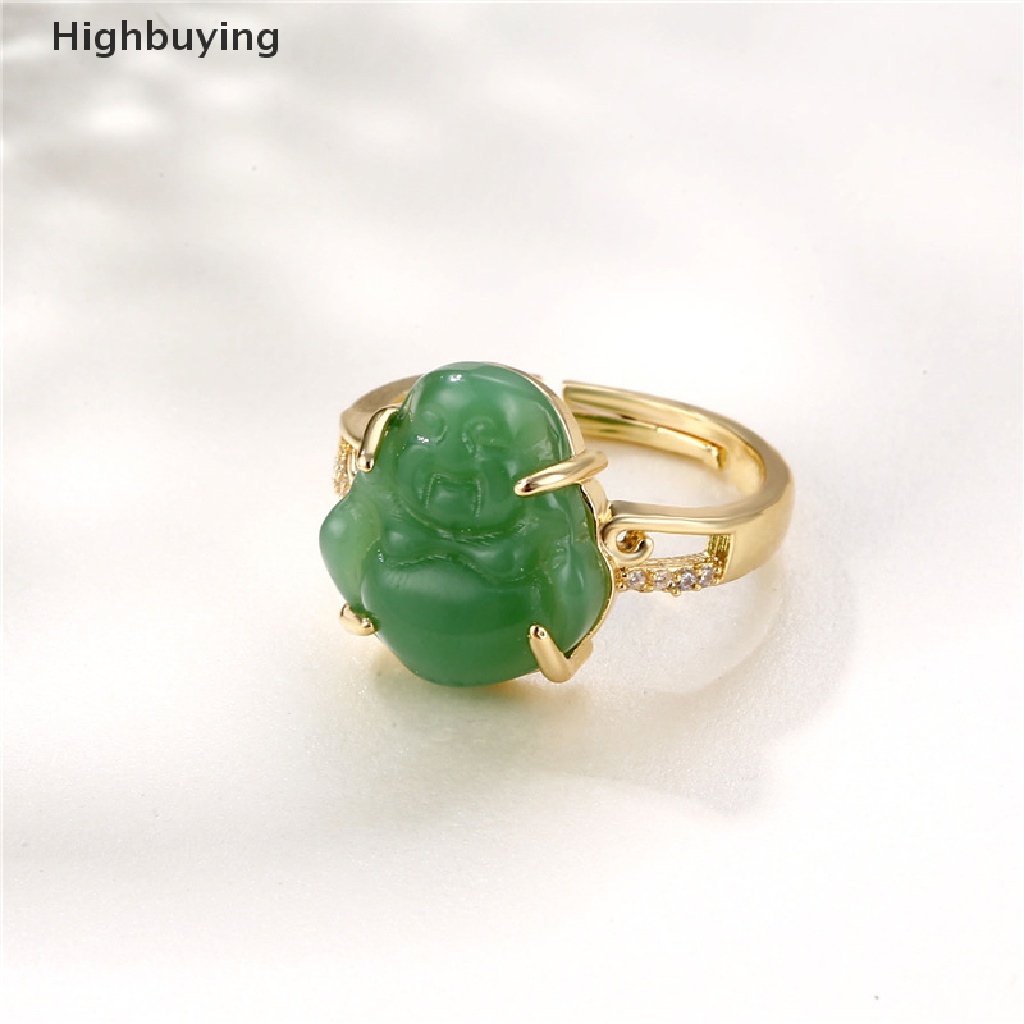 Hbid Cincin Lapis Emas 18k Model Terbuka Adjustable Hias Batu Giok Hijau Untuk Pria / Wanita Glory