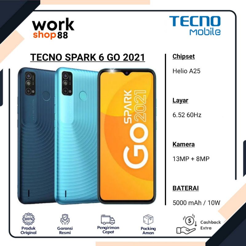 HP Terbaru TECNO Spark 6 GO 2021 Ram 4GB + Rom 64GB - New Original Garansi Resmi - Octa core 1.8GHZ 