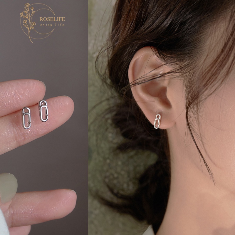 Roselife 1 Pasang Anting Tusuk Sterling Silver 925 Desain Paper Clip Anti Alergi Untuk Wanita