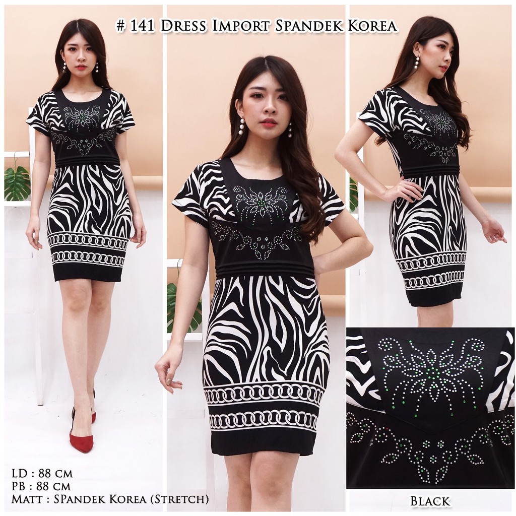 Gaun Spandeks Korea Stretch Wanita Hitam Putih