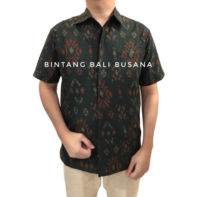 Kemeja Endek Bali Pria Katun Lengan Pendek Bintang Hijau