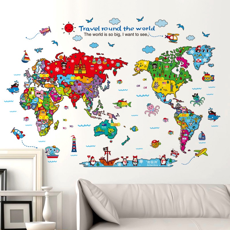 Colorful Cartoon Animal World Map Wall Stickers Modern Art Vinyl Decal Wall Mural