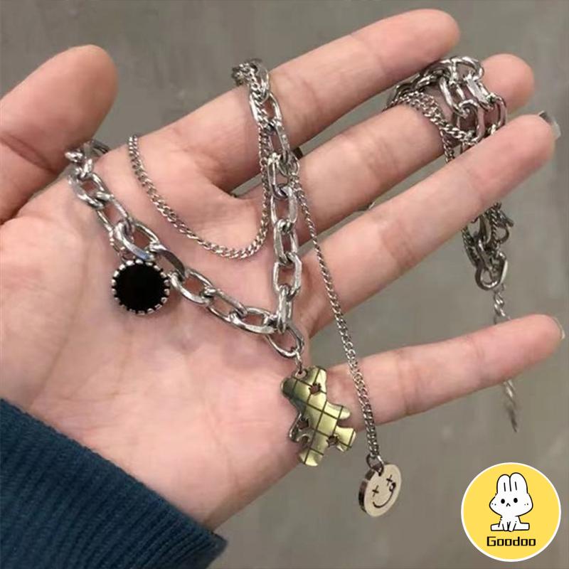 COD Kalung Rantai wanita silver Klavikula Desain Beruang Tersenyum Gaya Korean Fashion kalung Liontin Hip Hop Untuk Aksesoris -Doo