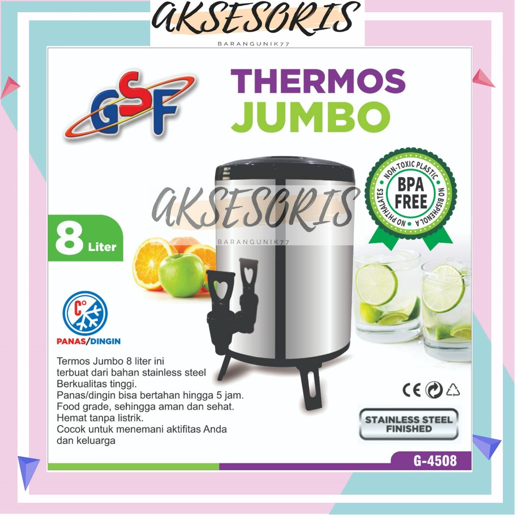 THERMOS JUMBO 8 LITER GSF G-4508 / WATER JUG MILK TEA BUCKET TERMOS TUAS KERAN KAPASITAS BESAR STAINLESS STEEL 8 LITER 8L 8 L 8LITER GSF 4508 DRINK JAR GSF G-4508 / THERMOS TEMPAT MINUM TEH KOPI