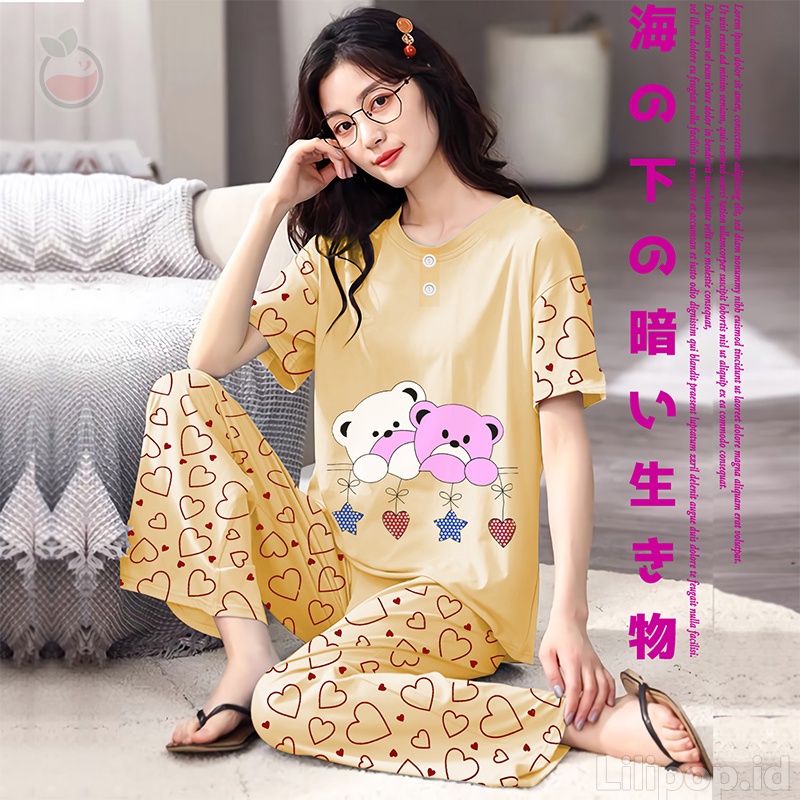 Baju Tidur Stelan Wanita Celana Panjang Baby doll Dewasa Piyama Allsize Cp Lilipop Sleep Wear-Twin Bear kuning