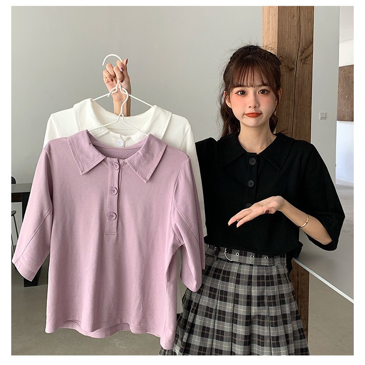 KOR-53 polos hirt kaos kerah wanita polos import korea jepang - Hitam