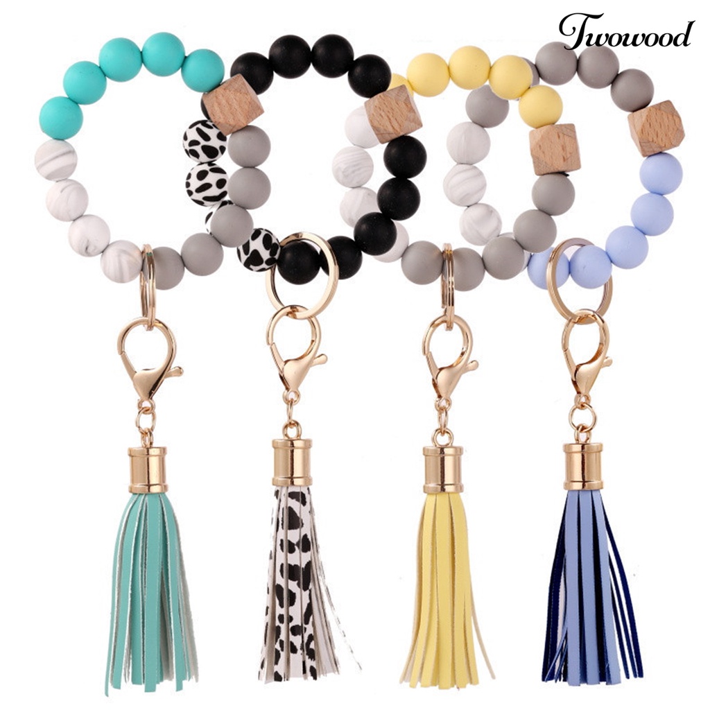 Twowood Bracelet Keyring Decorative Stretchy Beaded Portable Bangle Wristlet Keychains for Women