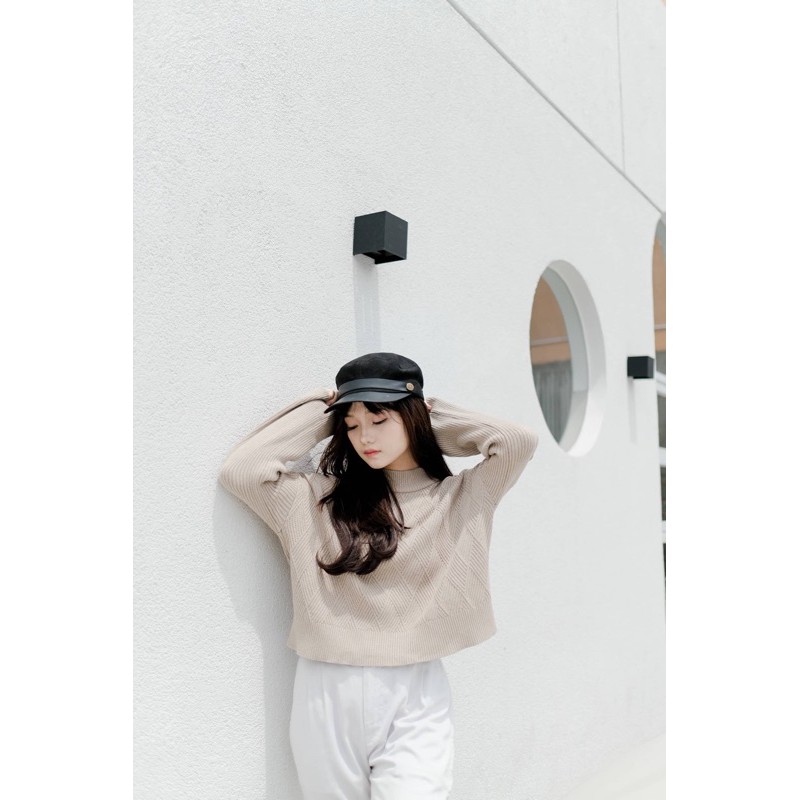 Fwdaily - ANNA ( crop sweater - sweater rajut motif turtleneck )-Latte