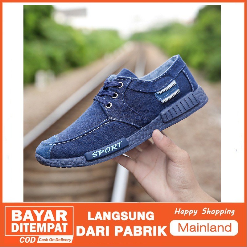 Mainland Sepatu Pria Slip On Sepatu Sport Korea Sepatu Kasual kanvas Sekolah Kerja Santai Biru J11