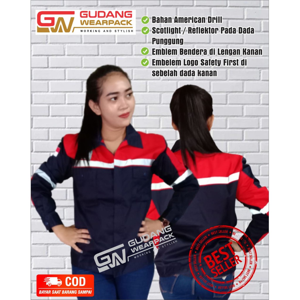 Star Wearpack - Baju Proyek Warna Hitam Kombinasi Merah Lengan Panjang