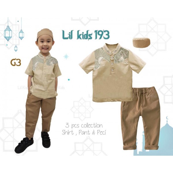 IMPORT LK193 G3 Baju Koko Muslim Anak Cream Peci Celana India Pakistan Lengan Panjang LK193
