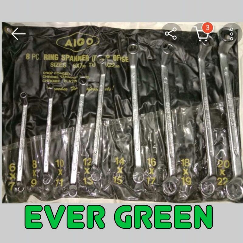 Kunci Ring Set 8 pcs AIGO model bengkok 75° CR-Vanadium Material - Double Offset Ring pas Spanner tr