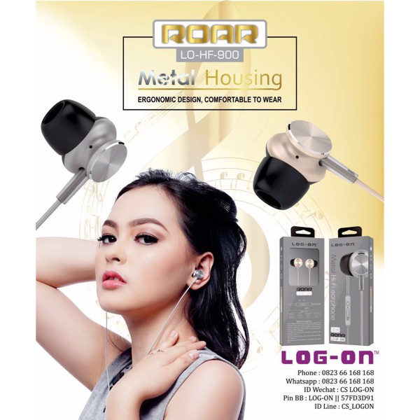 HANDSFREE EARPHONE HEADSET ROAR METAL CRYSTAL SOUND EXTRA BASS LO-HF-900 ORIGINAL LOGON