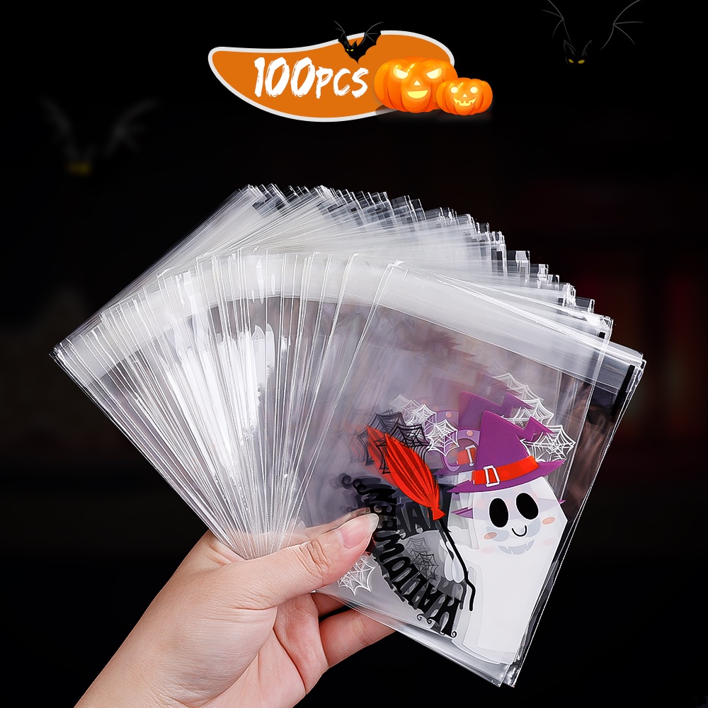 100 Pcs Kantong Plastik Cellophane Dua Sisi Ukuran 10x10cm Motif Halloween Untuk Permen / Kue