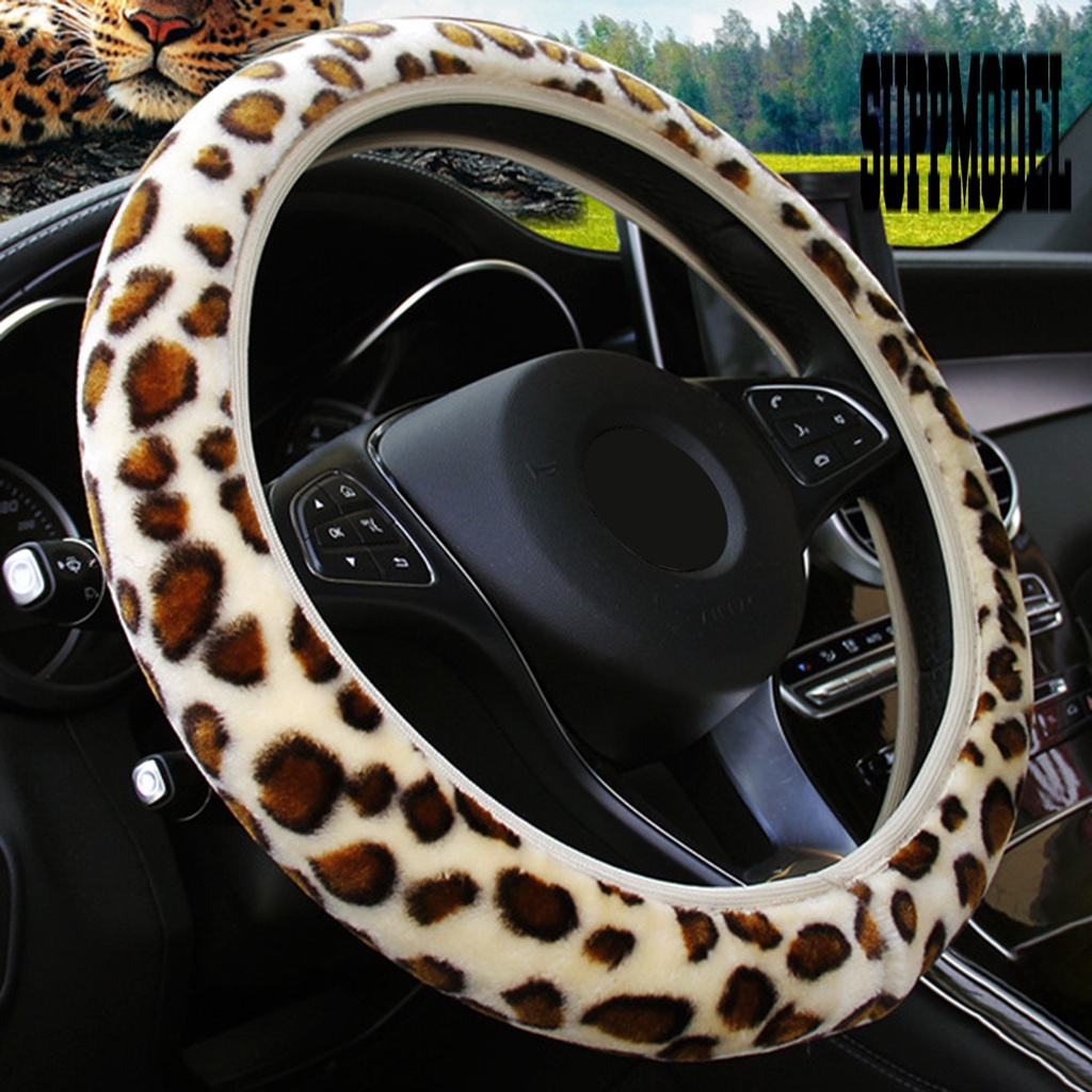 Sarung Setir Mobil Bahan Plush Lembut Elastis Anti Slip Motif Leopard Untuk Musim Dingin